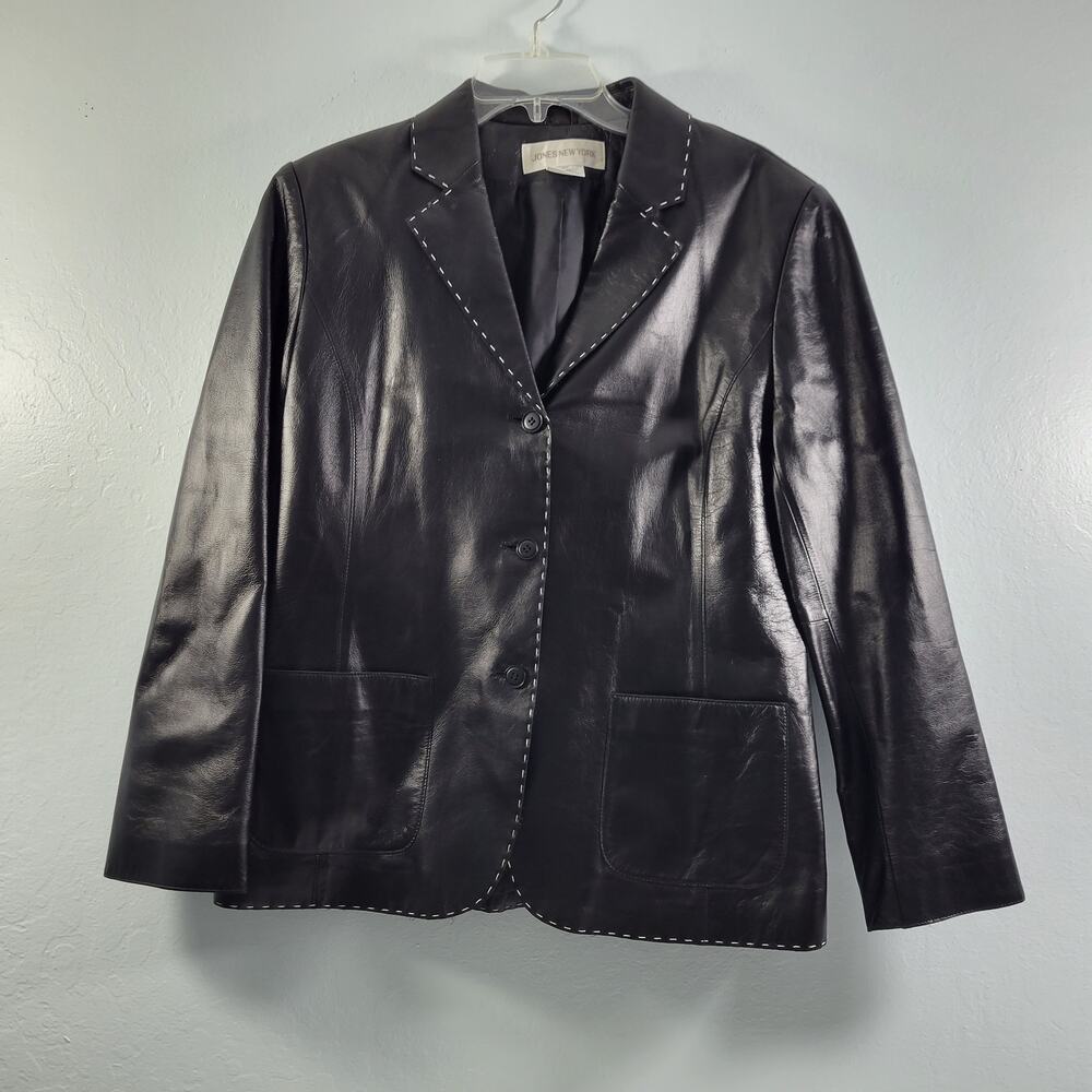 Jones New York Black Blazer Style Soft Leather Jacket Size 12 72626-2Clo4